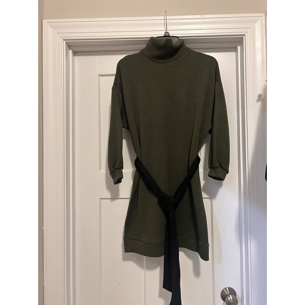 Drew Turtleneck Sweater Mini Dress Olive Green Size XS Black Tie Belt Detail